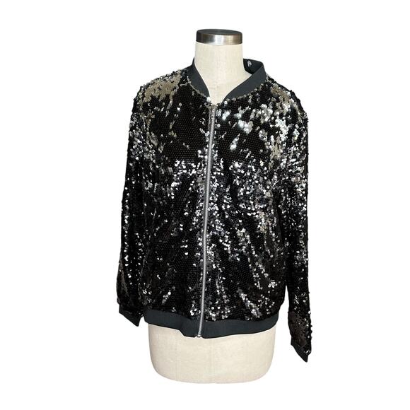 MINKPINK Black Silver Sequin Bomber Jacket Women's Size Large NWT Glam Metallic - Picture 1 of 10